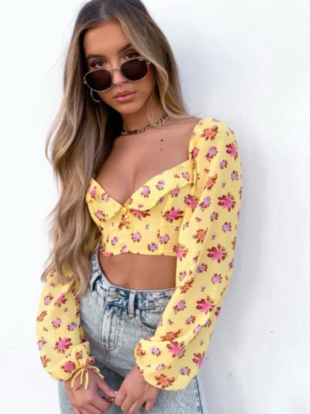 White Fox Boutique Yellow Floral Sweetheart Crop Top